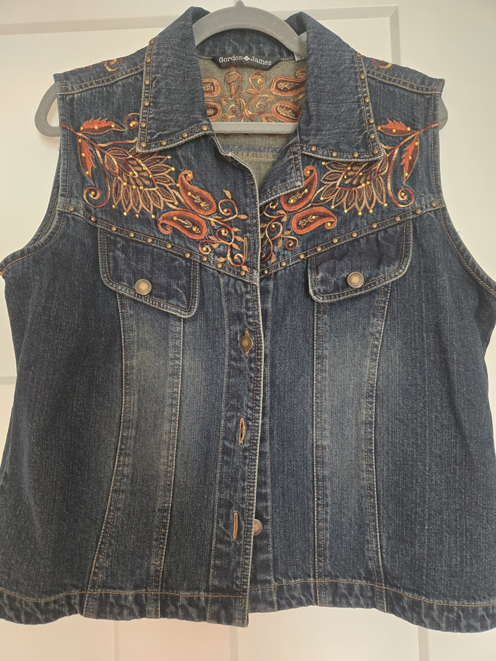 Dark Blue Denim Vest with Orange Embroidery